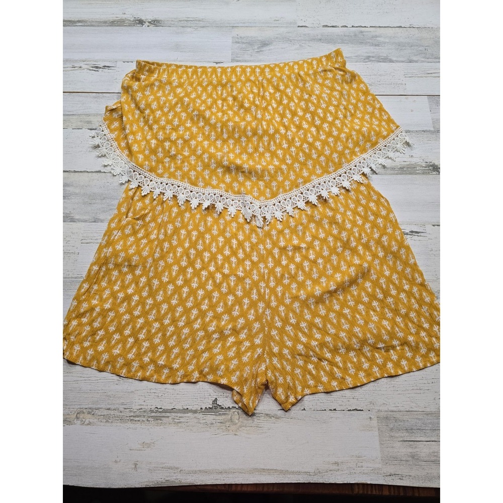 Xhilaration Mustard Yellow Floral Strapless Romper XL Crochet Lace Boho Festival
